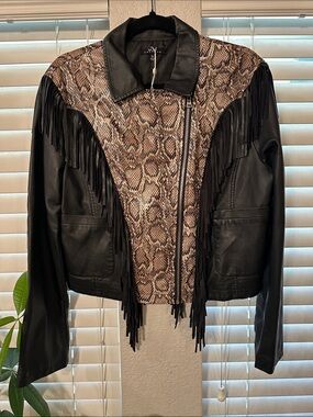 WOW couture Black Faux Leather Jacket with Snake Print and Fringe Accents